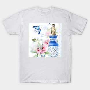 Chinoiserie watercolor with meerkat, flowers and butterflies T-Shirt